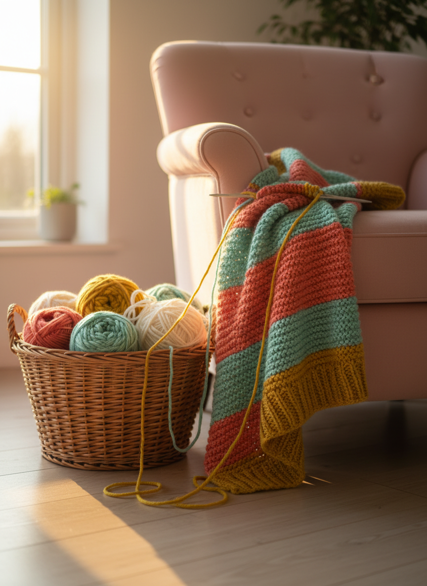 An in-progress knitted blanket draped over the arm of a rounded, pastel-colored armchair, its chunky stitches forming playful stripes of coral, mint, and mustard yarn. A basket overflowing with neatly wound yarn cakes rests on the floor beside the chair, with a few strands trailing toward the blanket, suggesting an active project. Soft golden hour light streams in from the side, casting warm highlights across the stitches and creating cozy, rounded shadows on the smooth wooden floor. Captured at an eye-level angle with a shallow depth of field, the blanket is in crisp focus while the background softly blurs. The photographic style is bright, cheerful, and whimsical, conveying comfort and creative inspiration.