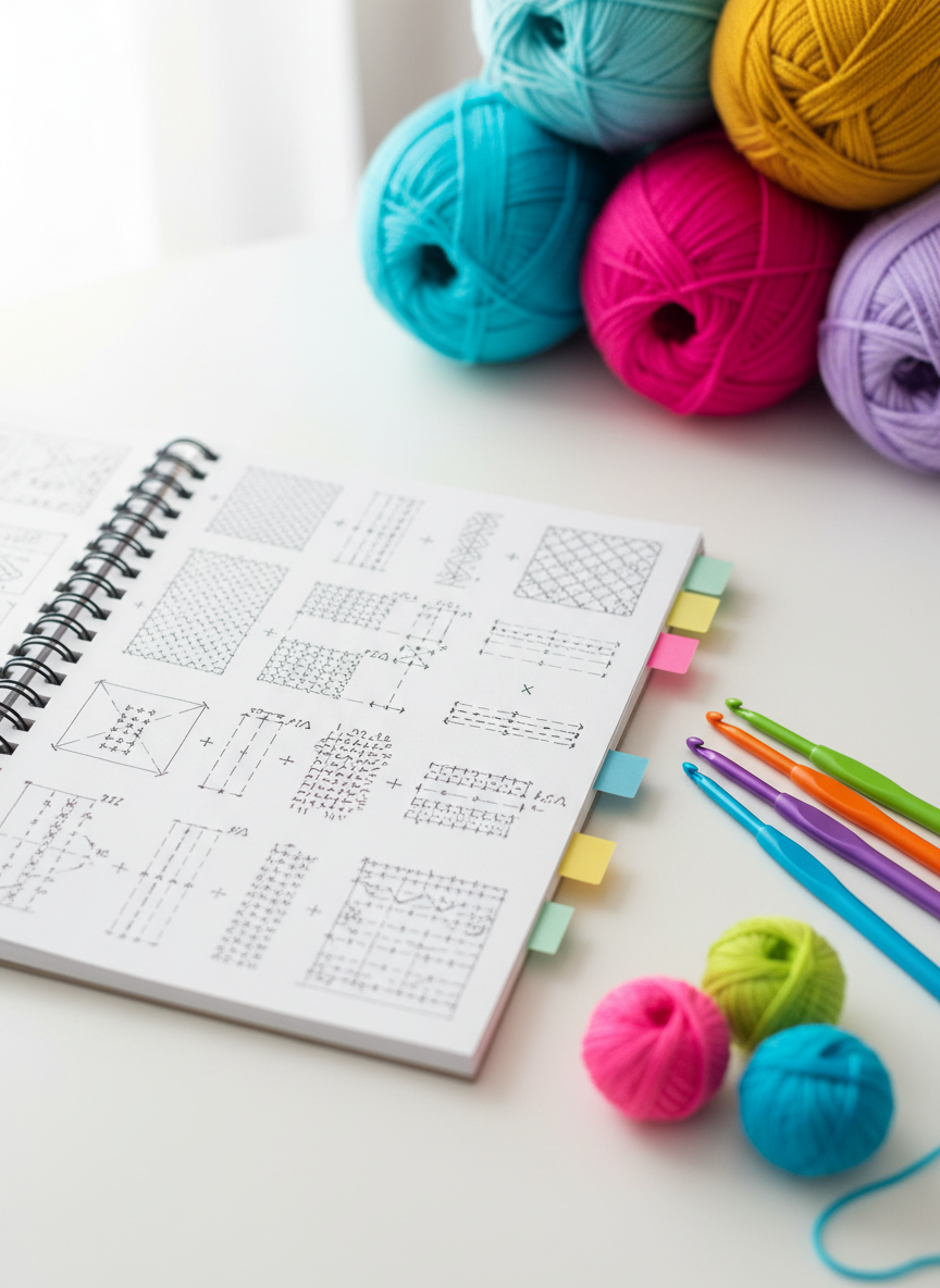 A close-up, slightly elevated shot of an open notebook filled with neatly sketched yarn pattern diagrams, lying on a white desk alongside several vibrant crochet hooks and mini yarn balls in candy colors. The notebook pages have small sticky tabs in playful hues peeking out from the sides. Behind the main setup, blurred spools of yarn in the distance add depth and color. Soft studio lighting from above and slightly to the left creates clean highlights on the hooks’ smooth surfaces and gentle shadows under the notebook. The composition follows the rule of thirds, with the main pattern sketch prominently framed. The photographic image feels bright, organized, and energetic, capturing the planning stage of a creative yarn project tutorial.